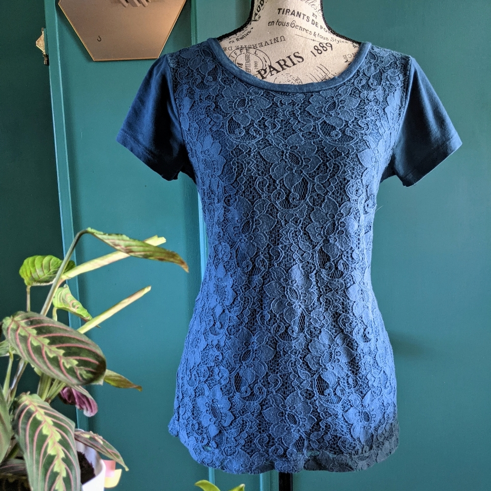 LOFT Blue Crochet Overlay Top